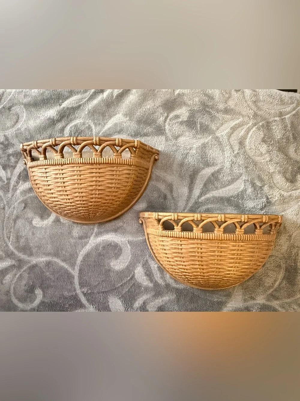 Vintage Woven Half-Moon Wall Pockets Baskets in Light Brown set of 2